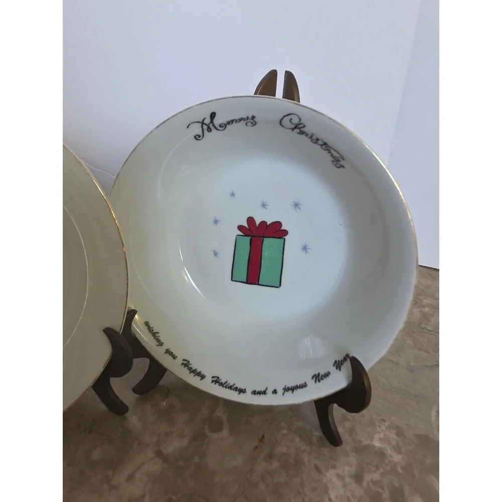 Set of 2 Christmas Holiday Dessert and Dinner Plates Gift Design and Gold‎ Rim